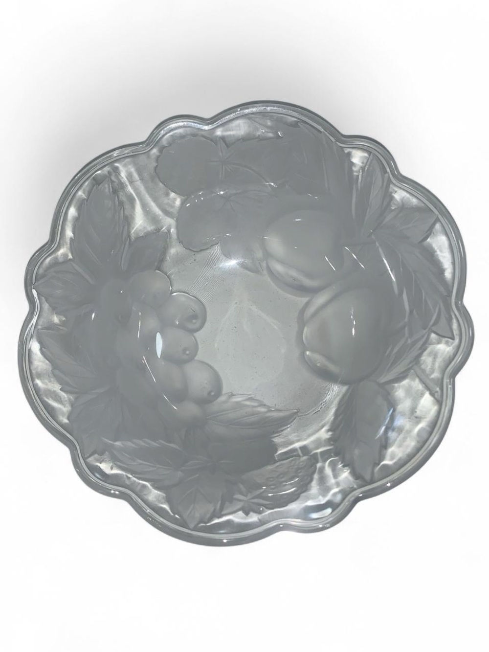 Clear Glass Fruit Motif Serving Bowl - Elegant Scalloped Design